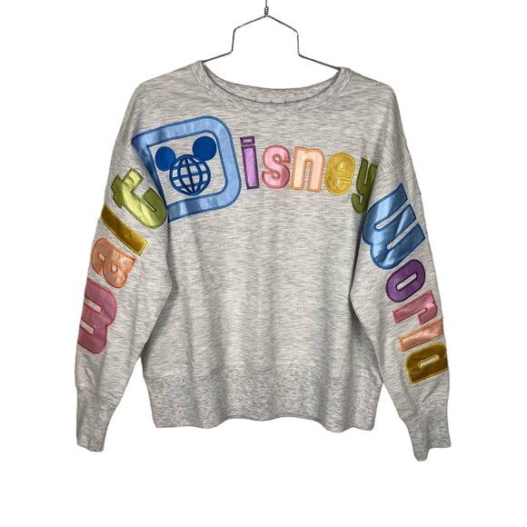DISNEY | Rainbow Sweatshirt Epcot Neon Satin Letters Appliqué Gray Multi Color S - Picture 1 of 7